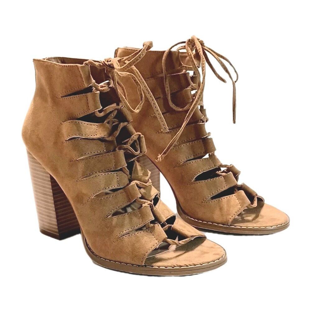 Altar'd State Chunky Tan Lace-Up Peep Toe Booties Women's Size 9